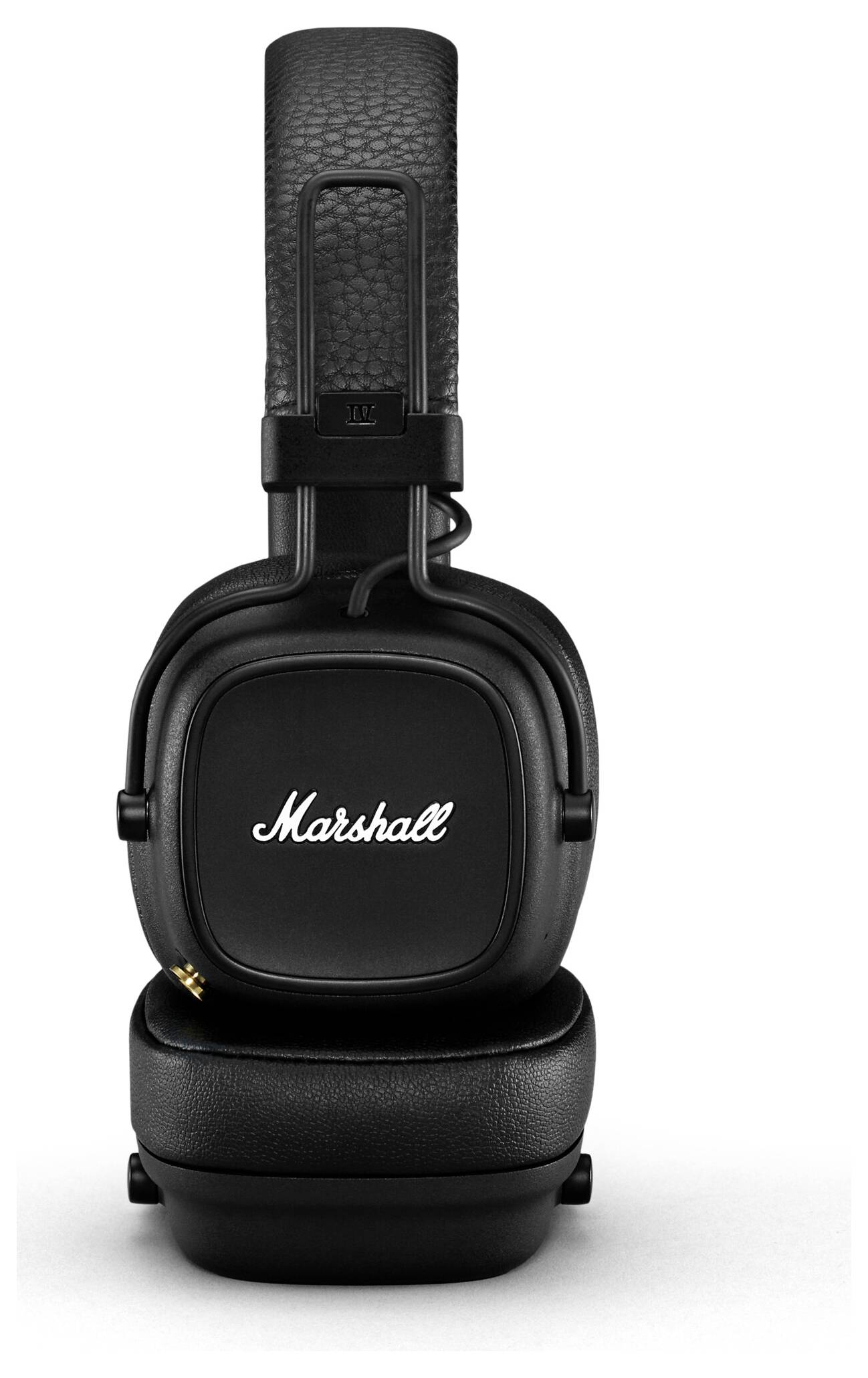 Czarne słuchawki nauszne Marshall z wyściółką, wyraźnym logo na muszlach słuchawkowych i regulowanym pałąkiem.