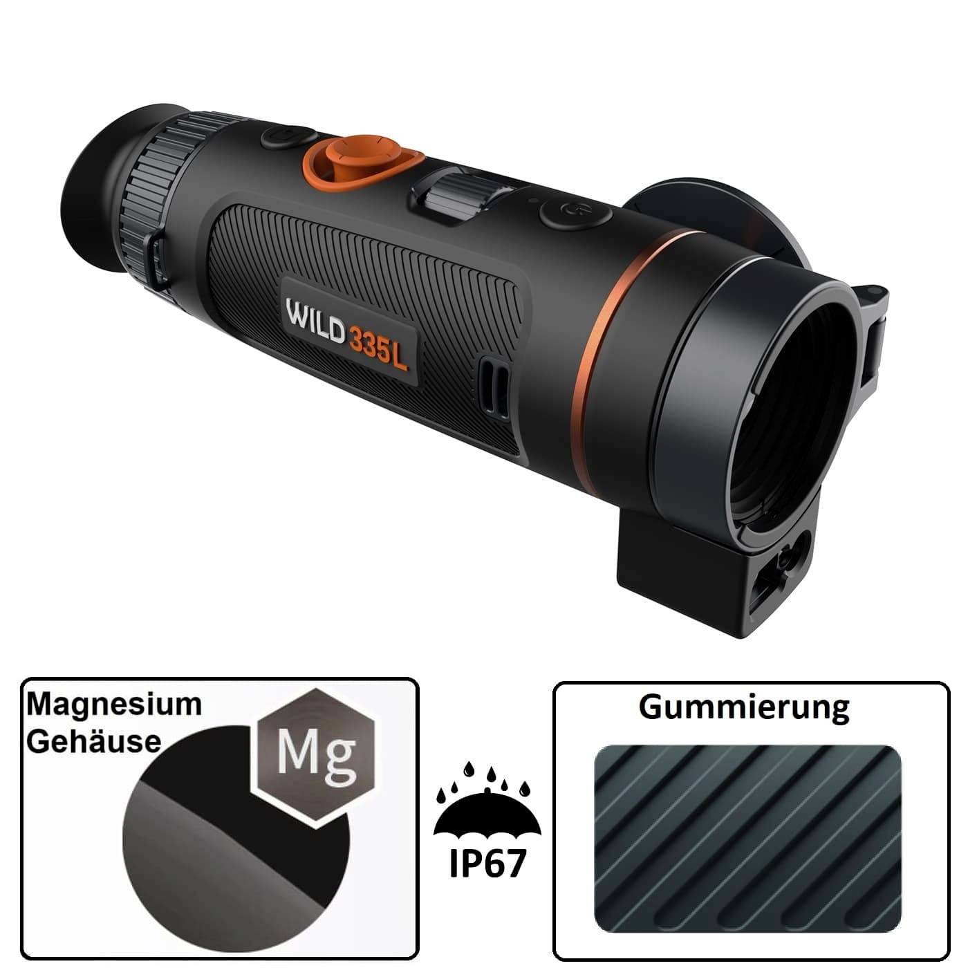 Kamera termowizyjna 'WILD 335L' z materiału magnezowego z gumowaną powierzchnią, o stopniu ochrony IP67, odpowiednia do użycia w różnorodnych warunkach pogodowych.
