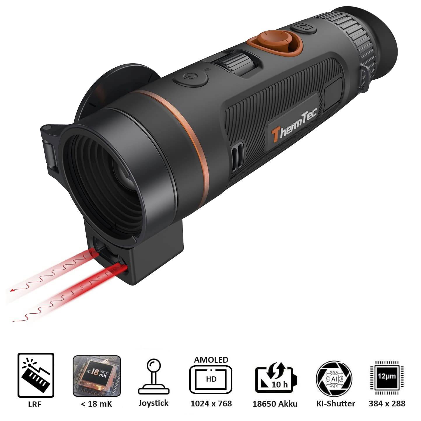 Obraz przedstawia urządzenie termowizyjne ThermTec z laserowym dalmierzem. Symbole poniżej przedstawiają specyfikacje techniczne, takie jak wyświetlacz AMOLED.