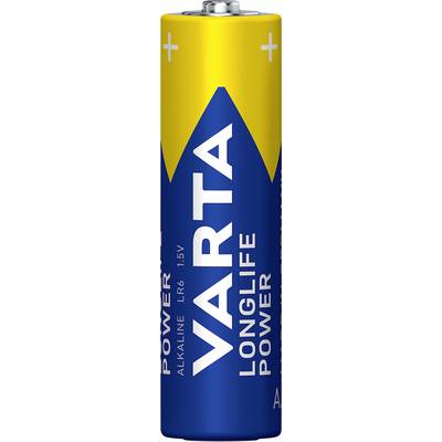 Bateria alkaliczna VARTA AA z napisem 'LONG LIFE POWER', w kolorach niebieskim i żółtym. Odpowiednia do urządzeń codziennego użytku.