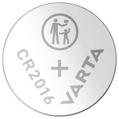 Bateria srebrna z grawerunkiem 'CR2016 Varta' i symbolem przedstawiającym dorosłego podającego małemu dziecku mały przedmiot.