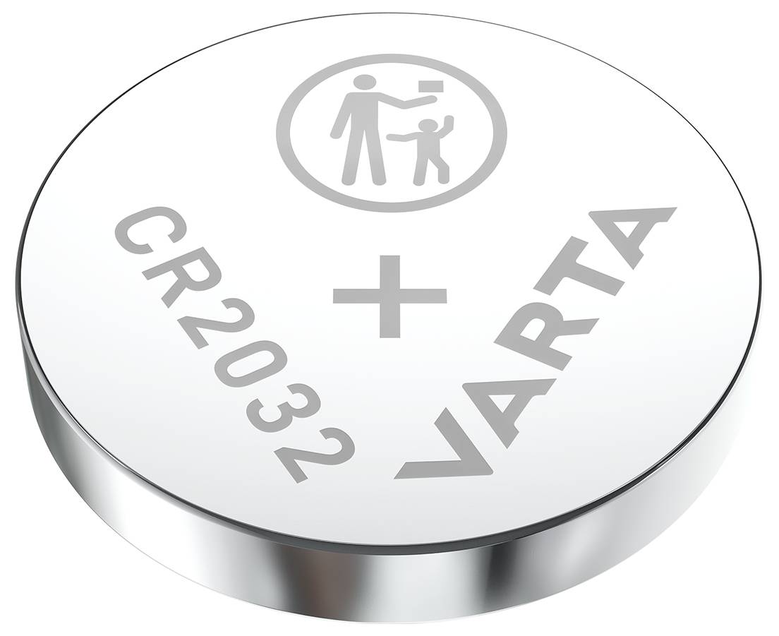 Okrągła bateria guzikowa z napisem 'CR2032 VARTA'. Piktogram przedstawia dorosłego i dziecko, prawdopodobnie jako ostrzeżenie.