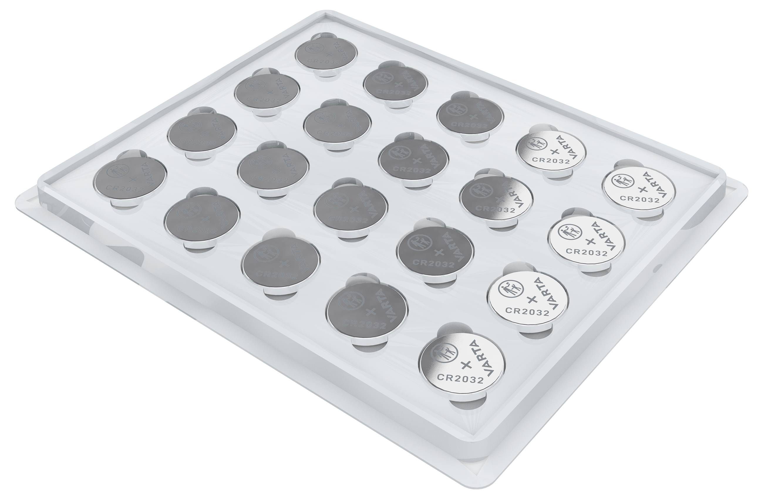 Prostokątna plastikowa taca z bateriami guzkowymi CR2032. Taca posiada cztery rzędy, w których łącznie znajduje się 24 baterii.