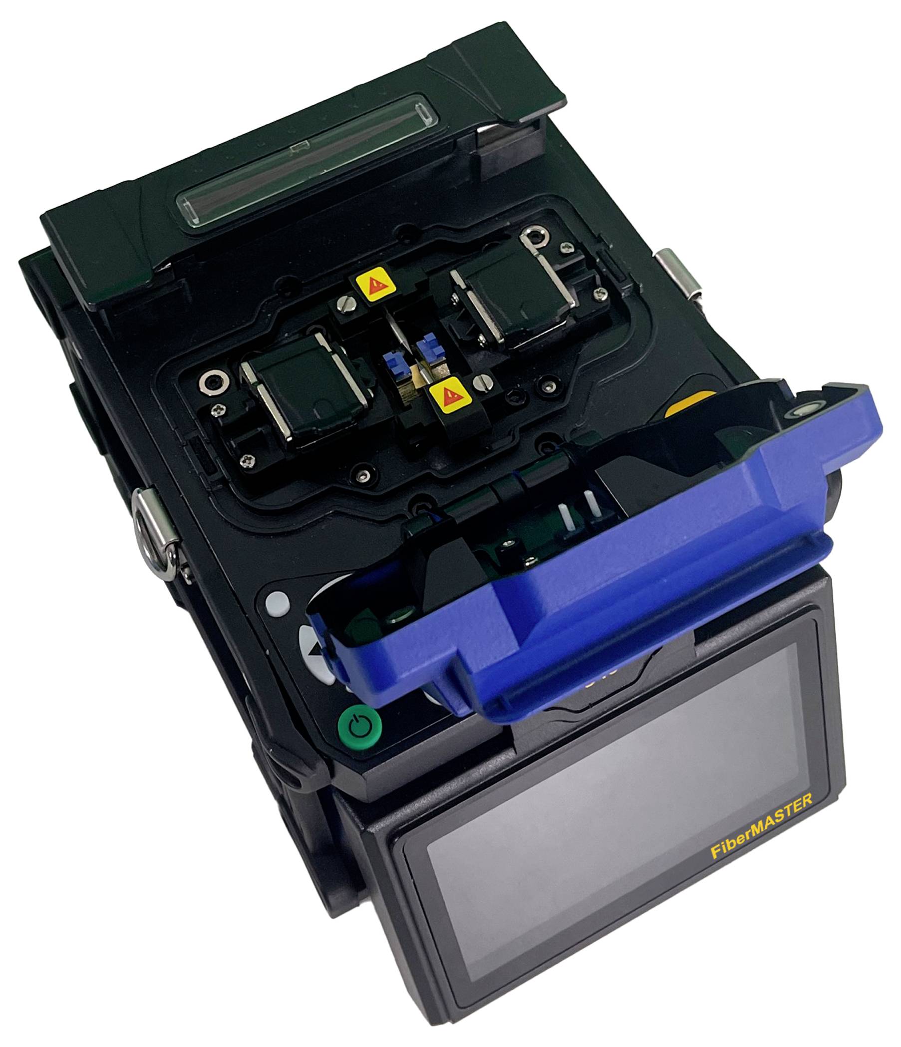 Urządzenie do spawania włókien światłowodowych z otwartą obudową prezentuje widok wewnętrzny oraz obszar roboczy przeznaczony do precyzyjnego łączenia kabli światłowodowych.