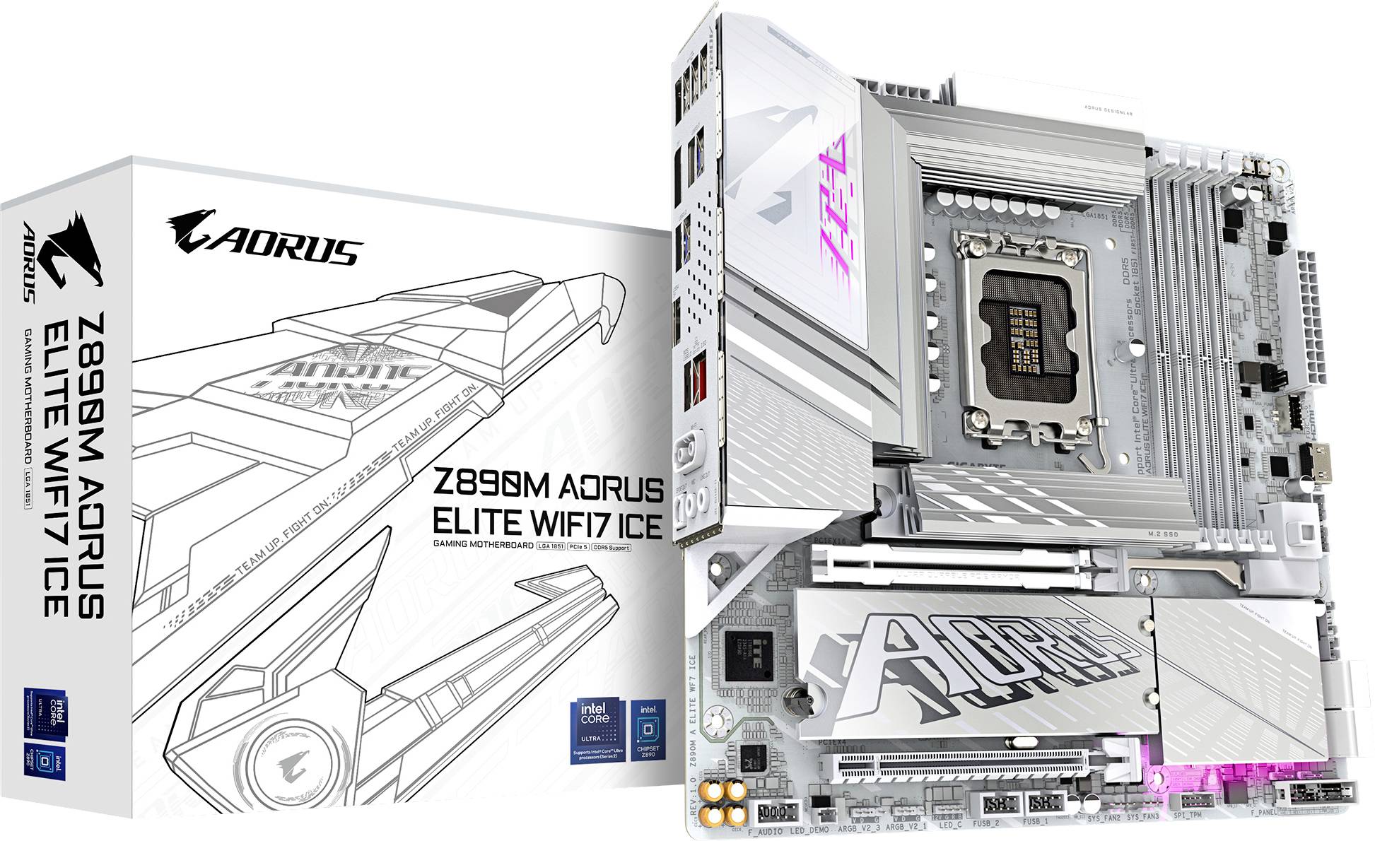 Biała płyta główna Z89M Aorus Elite WiFi 7 ICE przed opakowaniem. Prezentacja produktu pod względem szczegółów technicznych i designu.