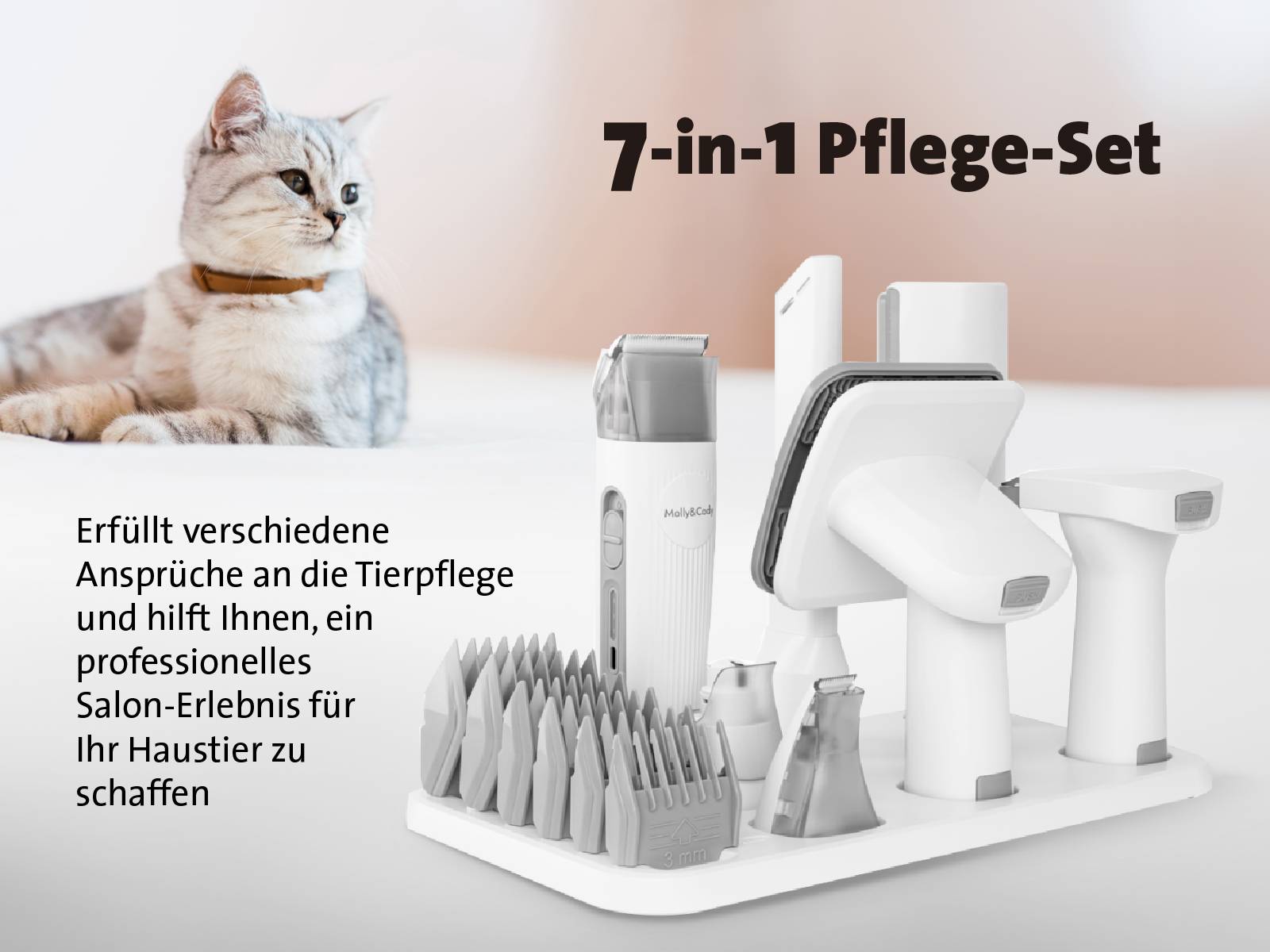 Kot siedzi obok zestawu pielęgnacyjnego '7 w 1' dla zwierząt domowych. Obiecuje kompleksową pielęgnację i profesjonalne doświadczenie salonowe we własnym domu.