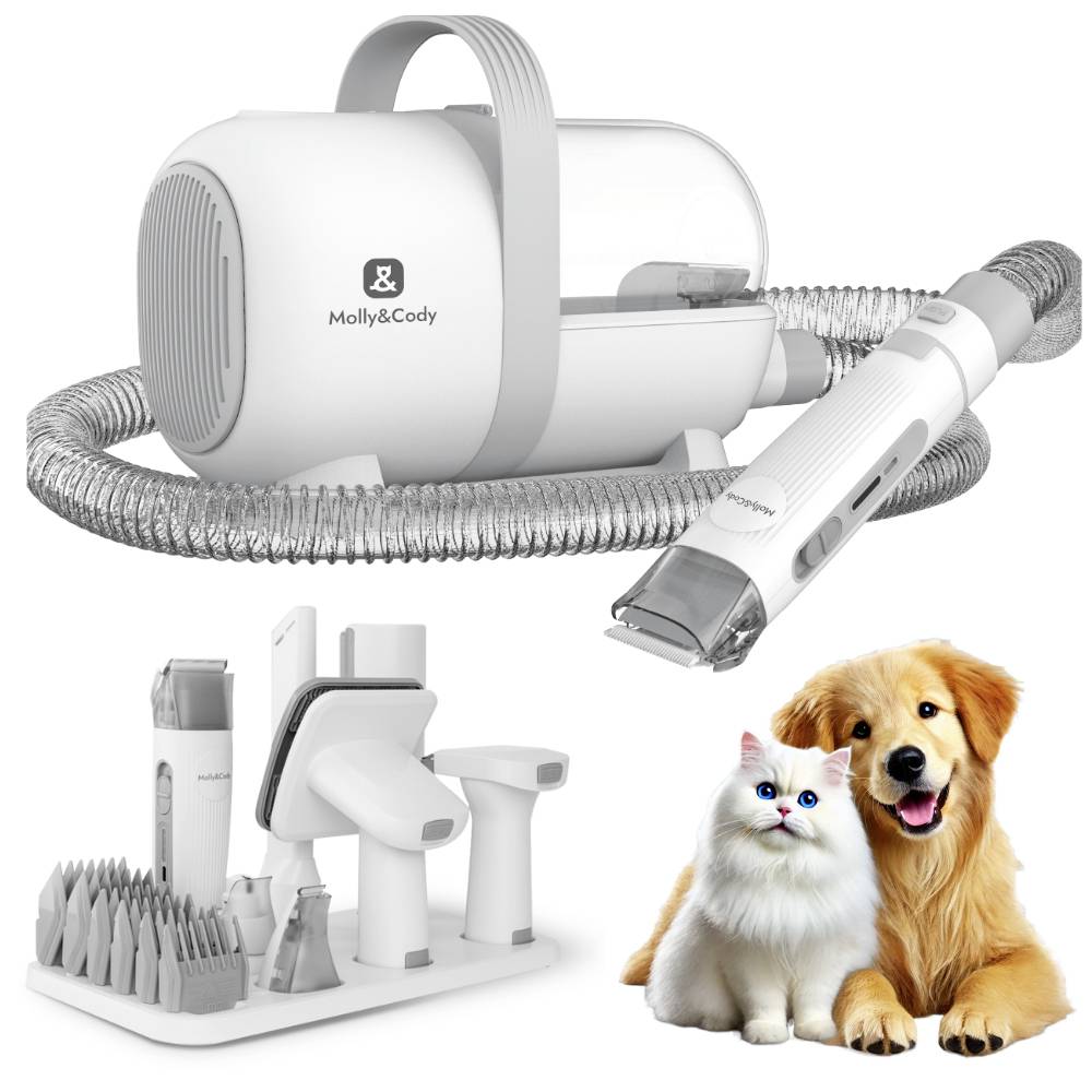 Przenośny odkurzacz i trymer do sierści zwierząt domowych z wężem, akcesoriami i zasilaniem. Obok pies i kot, wyglądający przyjaźnie.