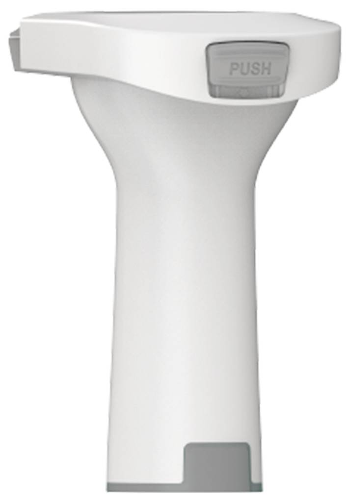 Elektryczna szczoteczka do zębów z szarymi elementami, stojąca, z widocznym przyciskiem 'PUSH'.