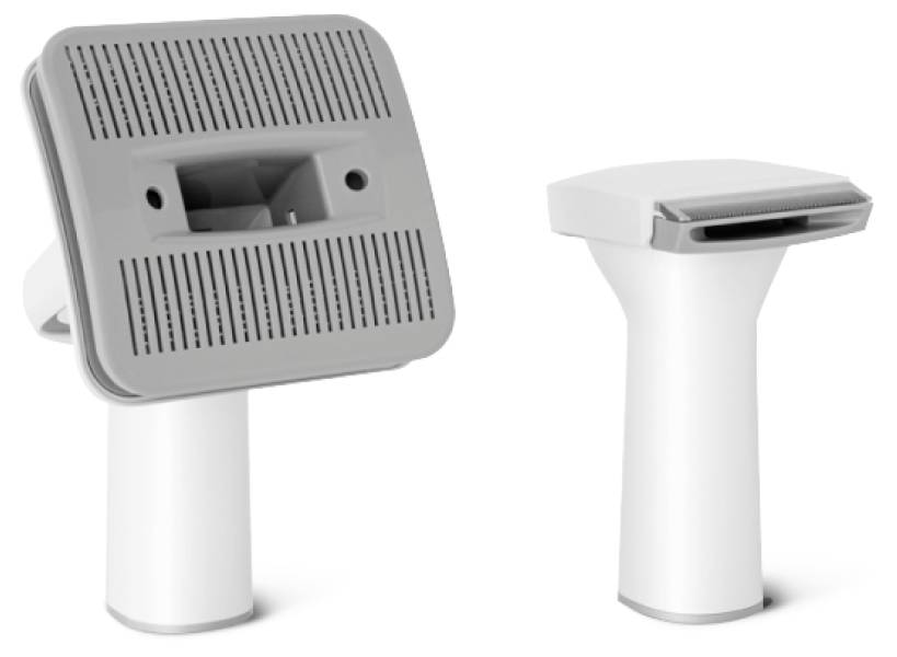 Dwie szare i białe elektryczne szczotki parowe w różnych ujęciach. Po lewej stronie widok szczotki, po prawej gładka przednia strona.