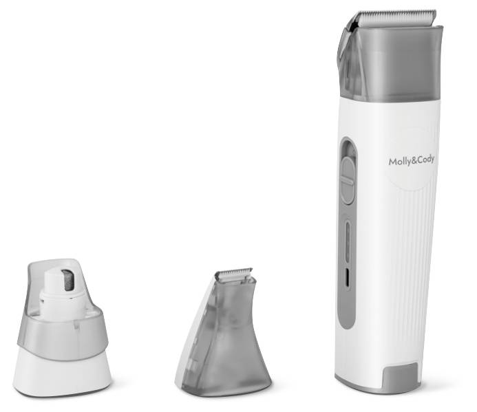 Elektryczny trymer do włosów z dwoma wymiennymi nakładkami, podstawką czyszczącą oraz białą obudową z szarymi akcentami.