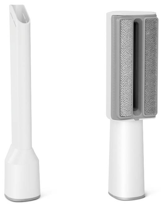 Dwa końcówki do odkurzacza: po lewej wąska końcówka szczelinowa, po prawej szerszy nasadka z szczotką do czyszczenia tapicerki.