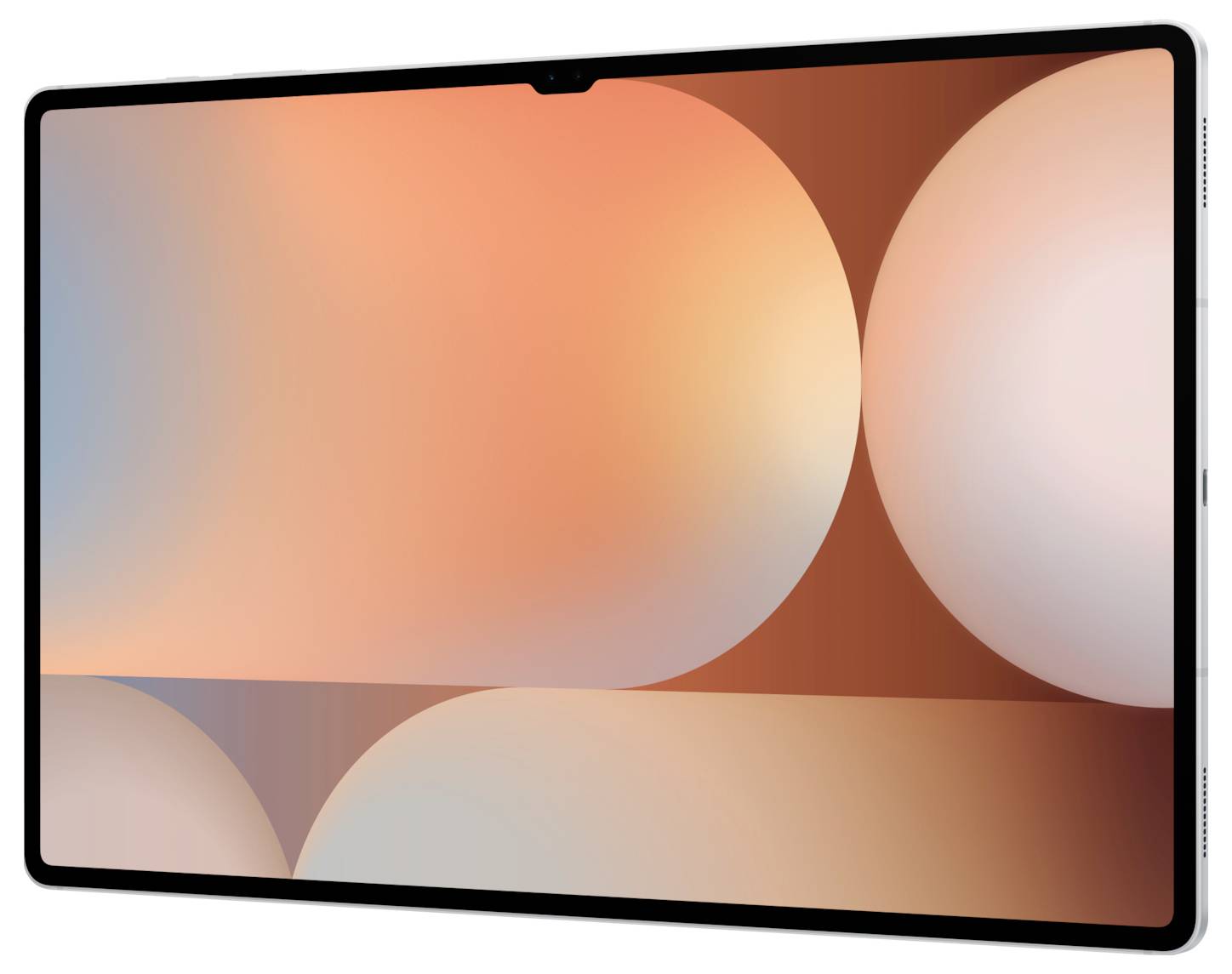 Tablet z dużym wyświetlaczem pokazuje abstrakcyjną grafikę w ciepłych kolorach z geometrycznymi kształtami.