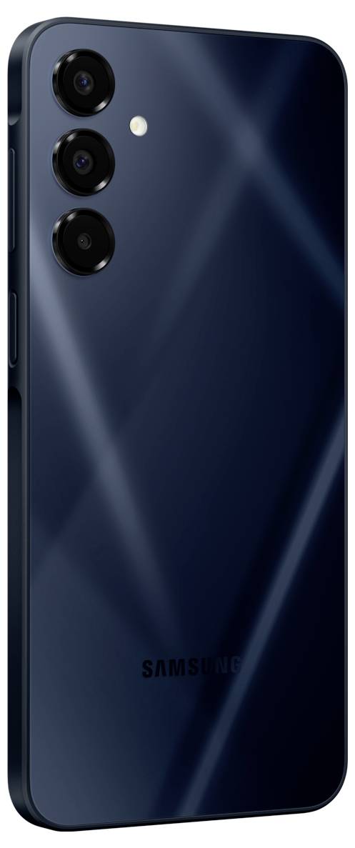 Smartfon Samsung z tyłem wyposażonym w trzy obiektywy aparatu i lampę błyskową. Kolor jest ciemnogranatowy z połyskliwym wykończeniem.