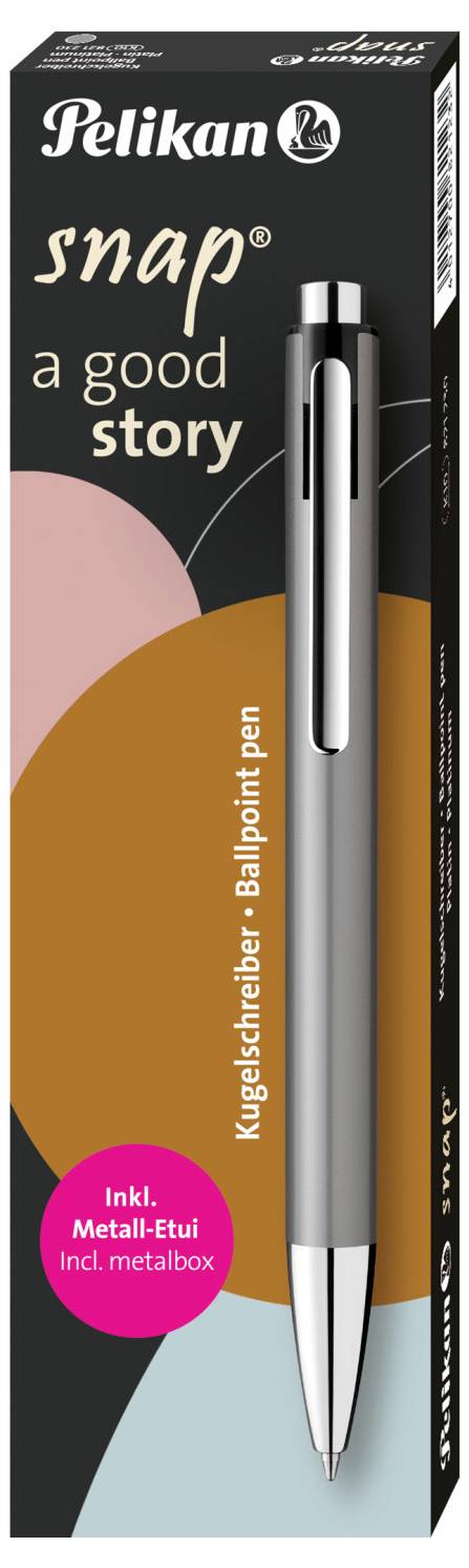 Długopis w opakowaniu z napisem 'Pelikan snap - a good story'. Zawiera długopis i metalowe etui.