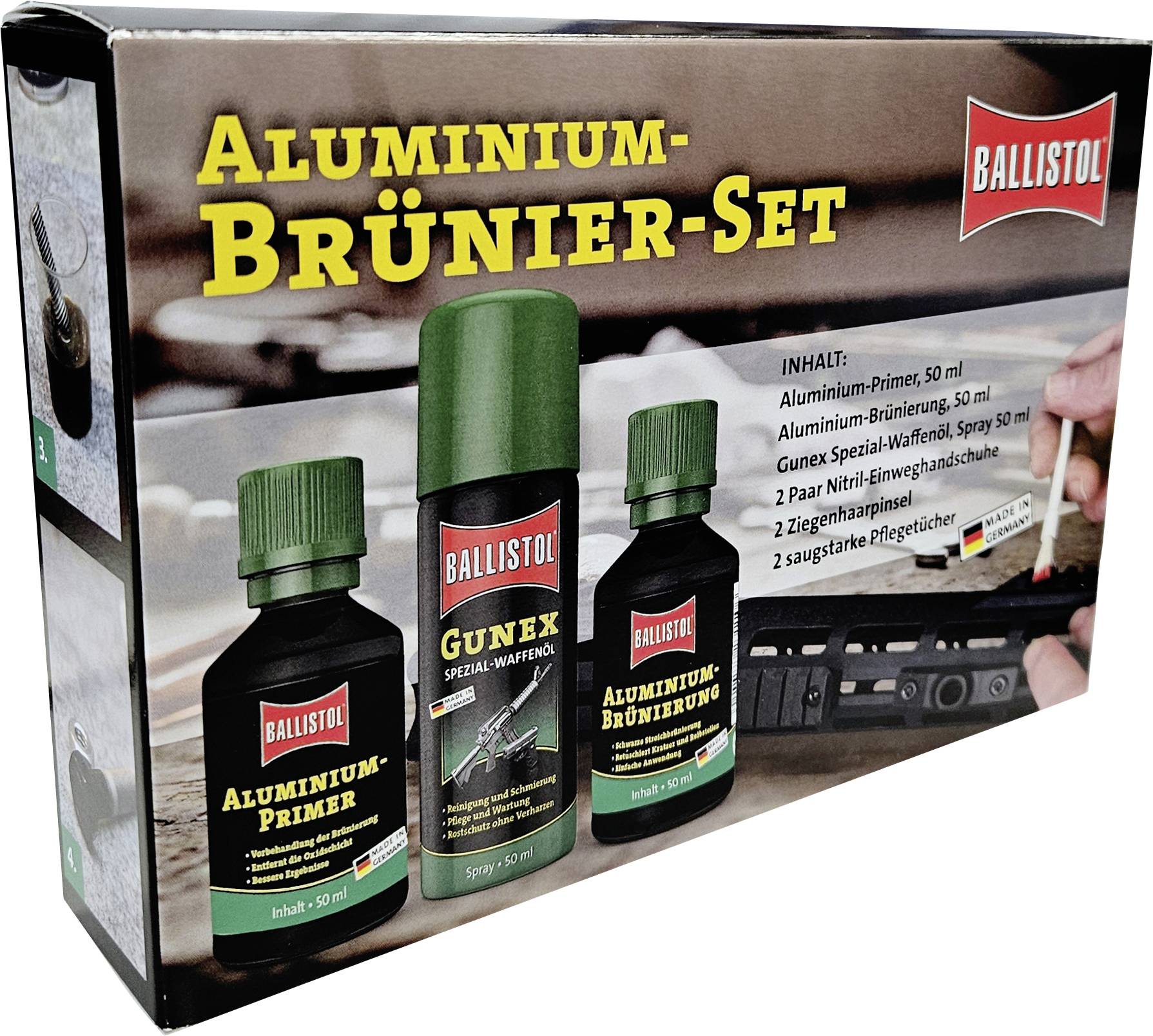 Zestaw do brunirowania aluminium w opakowaniu z trzema butelkami: Primer do aluminium, Olej do broni Gunex, Środek do brunirowania aluminium. Zawiera akcesoria.