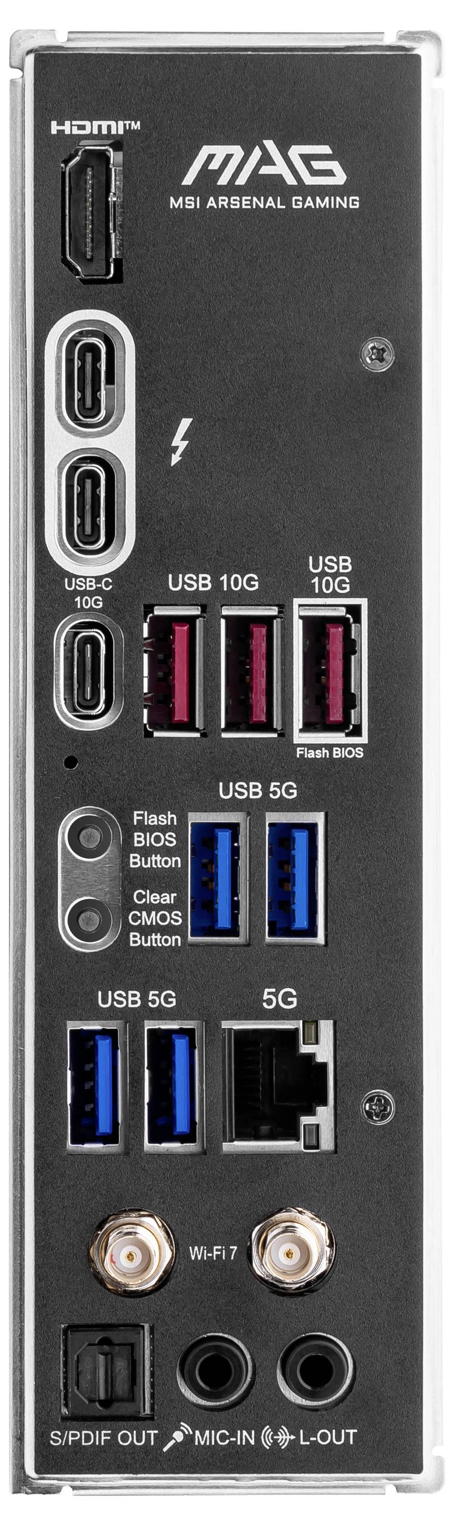 'Tylna strona płyty głównej MSI Arsenal Gaming z złączami: HDMI, USB 10G, USB 5G, SPDF OUT, Thunderbolt i złączem internetowym.'