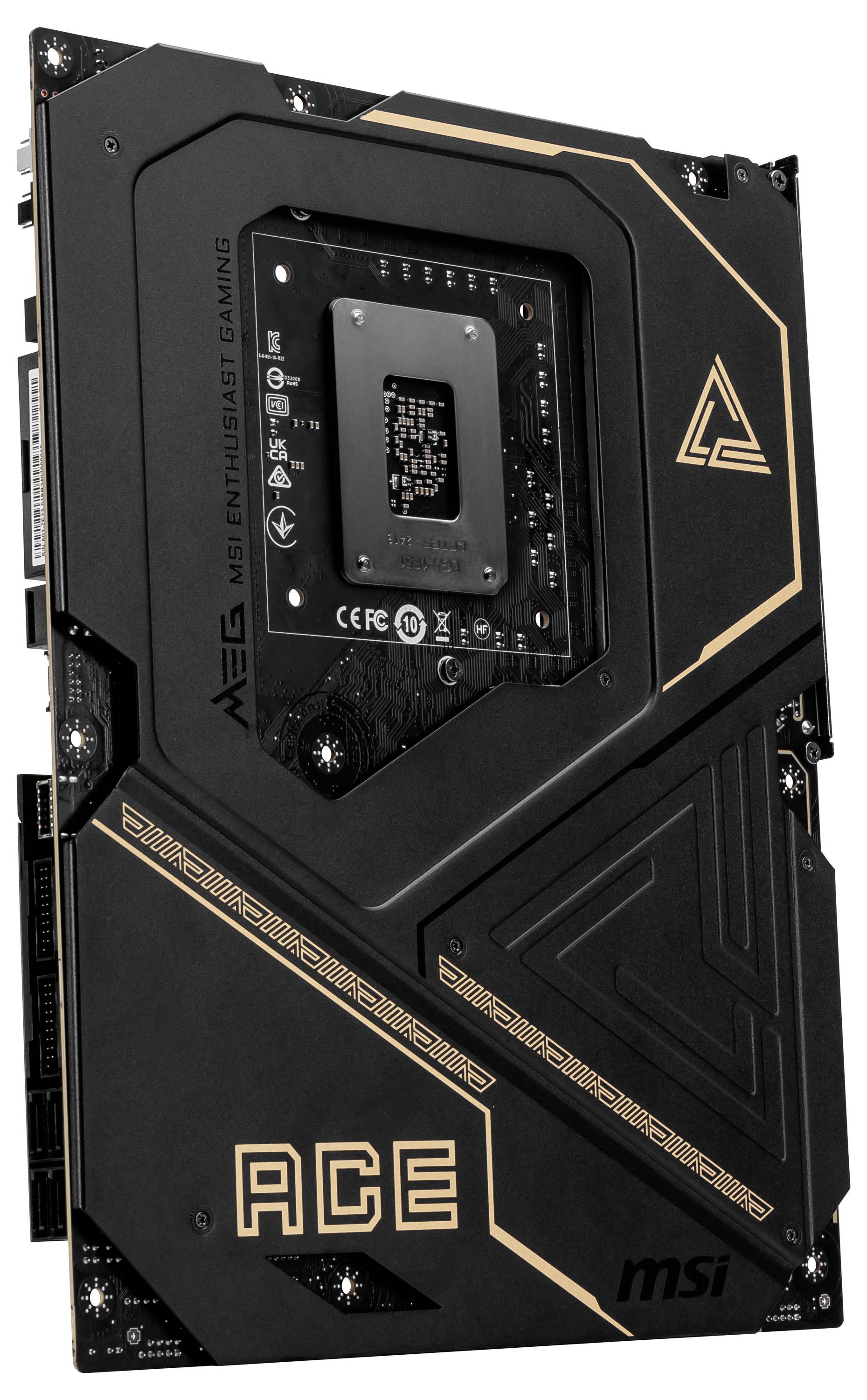 Wysokiej jakości płyta główna komputera w czarnym designie z złotymi akcentami. Widoczne napisy z technicznymi szczegółami i logo marki.