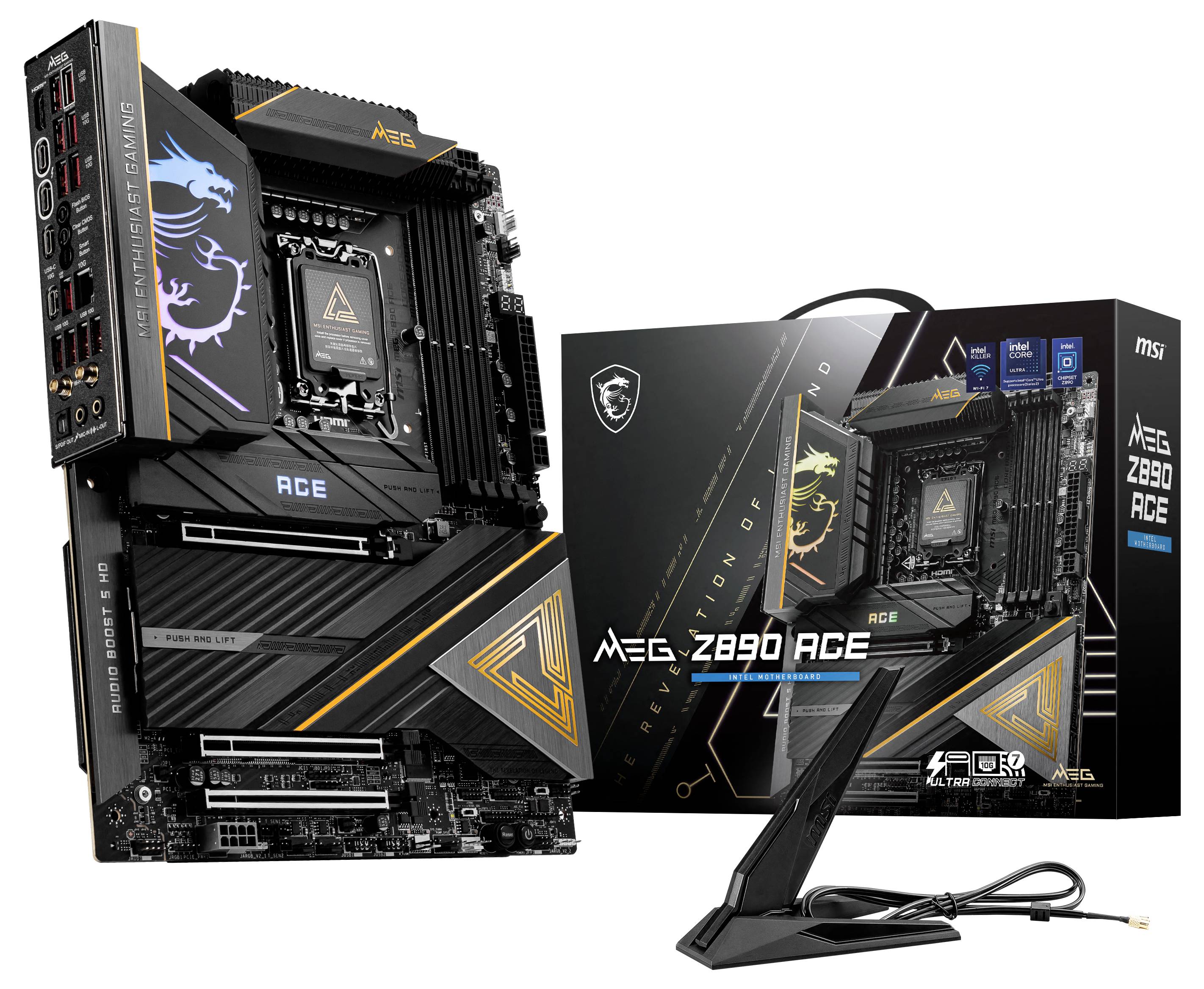 Na ilustracji przedstawiono płytę główną MSI MEG Z690 ACE wraz z opakowaniem. Widoczne są liczne sloty i złącza, odpowiednie do budowy wydajnych komputerów.
