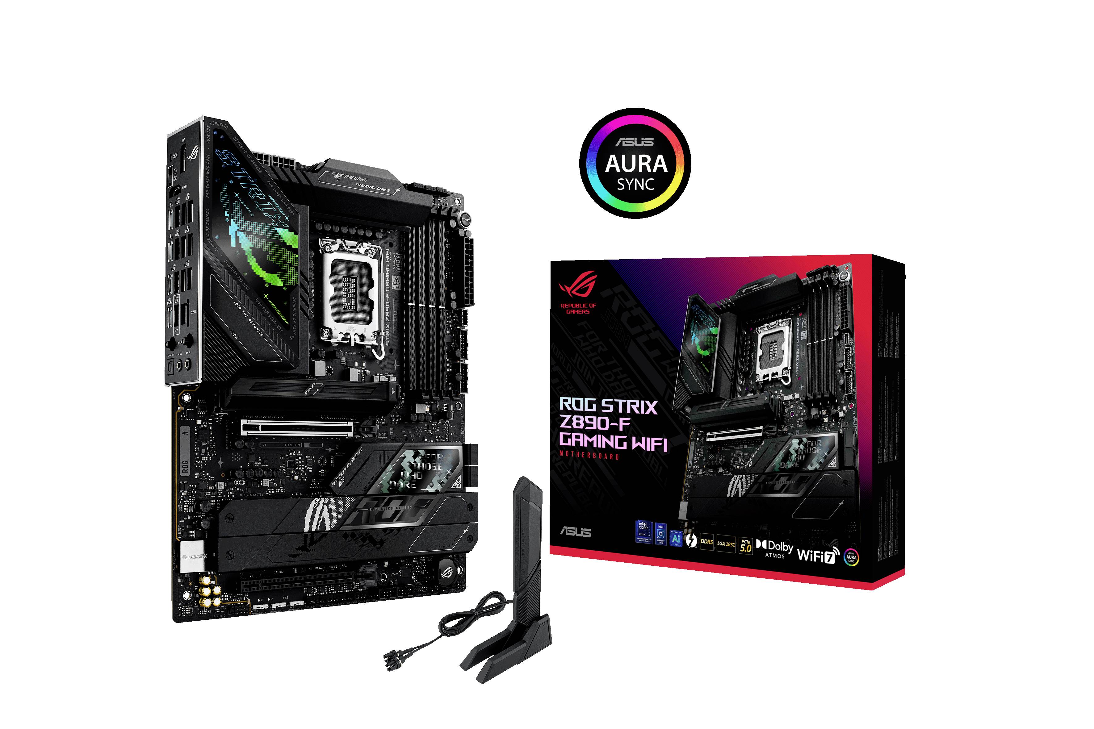 Płyta główna ASUS ROG Strix Z690-F Gaming WiFi obok opakowania. Funkcje: AURA Sync, WiFi 6E, wysokiej jakości radiatory i złącza.