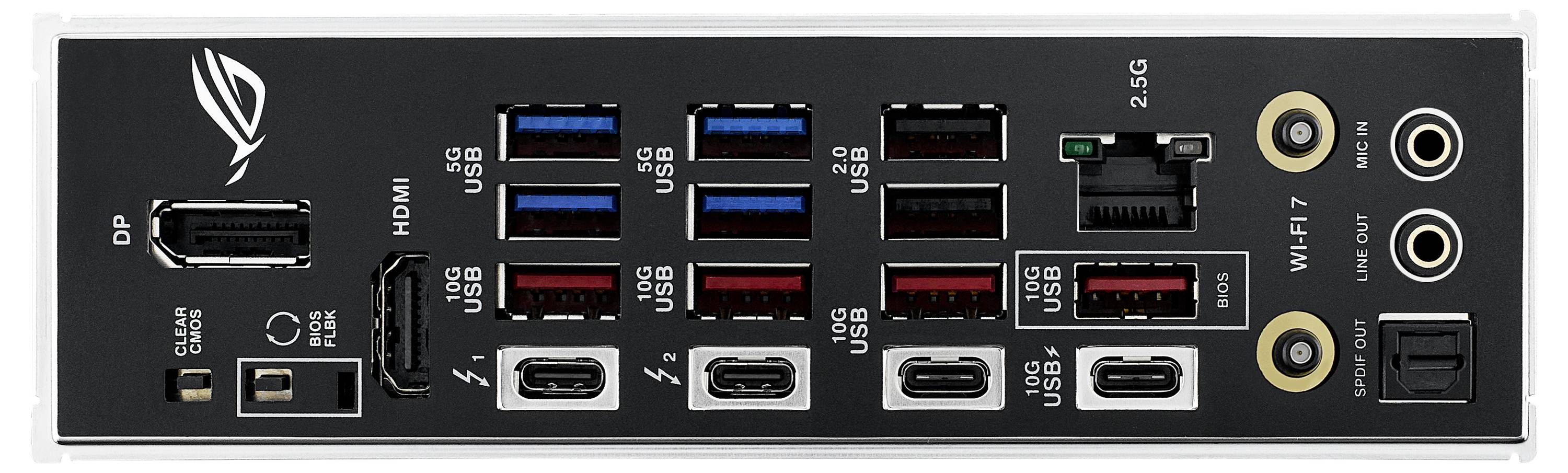 Tylna strona płyty głównej komputera z licznymi złączami, w tym USB, HDMI, Ethernet oraz złączami audio.