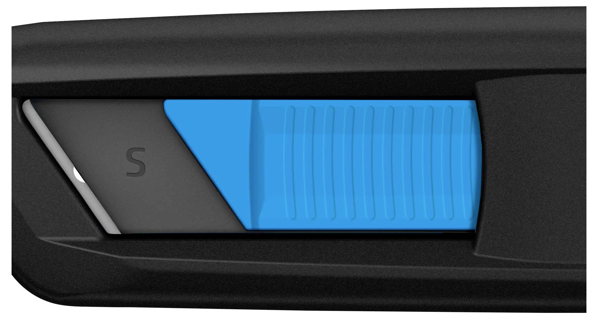 'Czarny przełącznik z niebieską, poziomo prążkowaną powierzchnią środkową, obok szare segment z literą "S".'