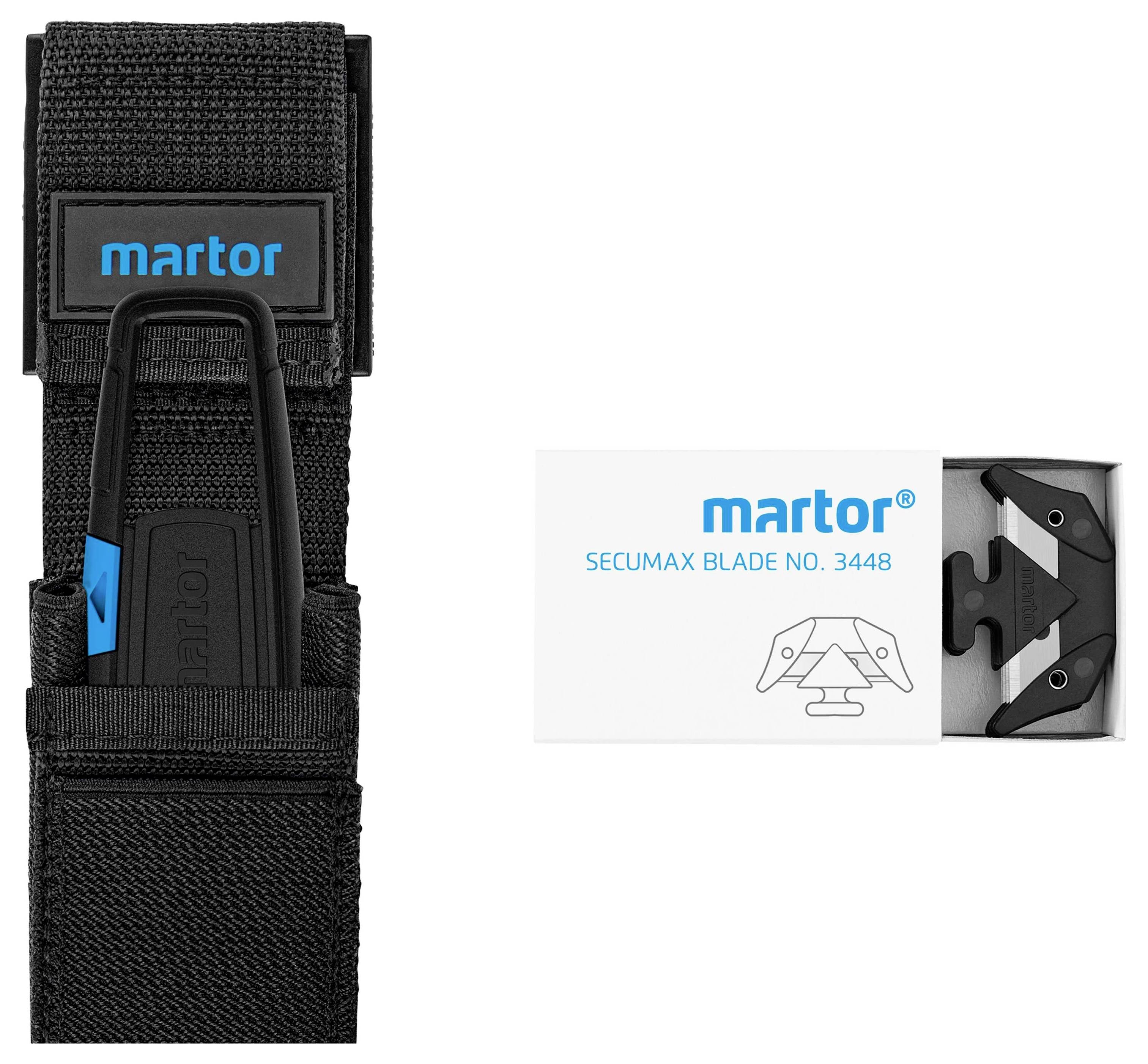 Czarny nóż Martor z kaburą po lewej stronie i białe opakowanie z ostrzami zapasowymi po prawej stronie, oba z niebieskim logo Martor.