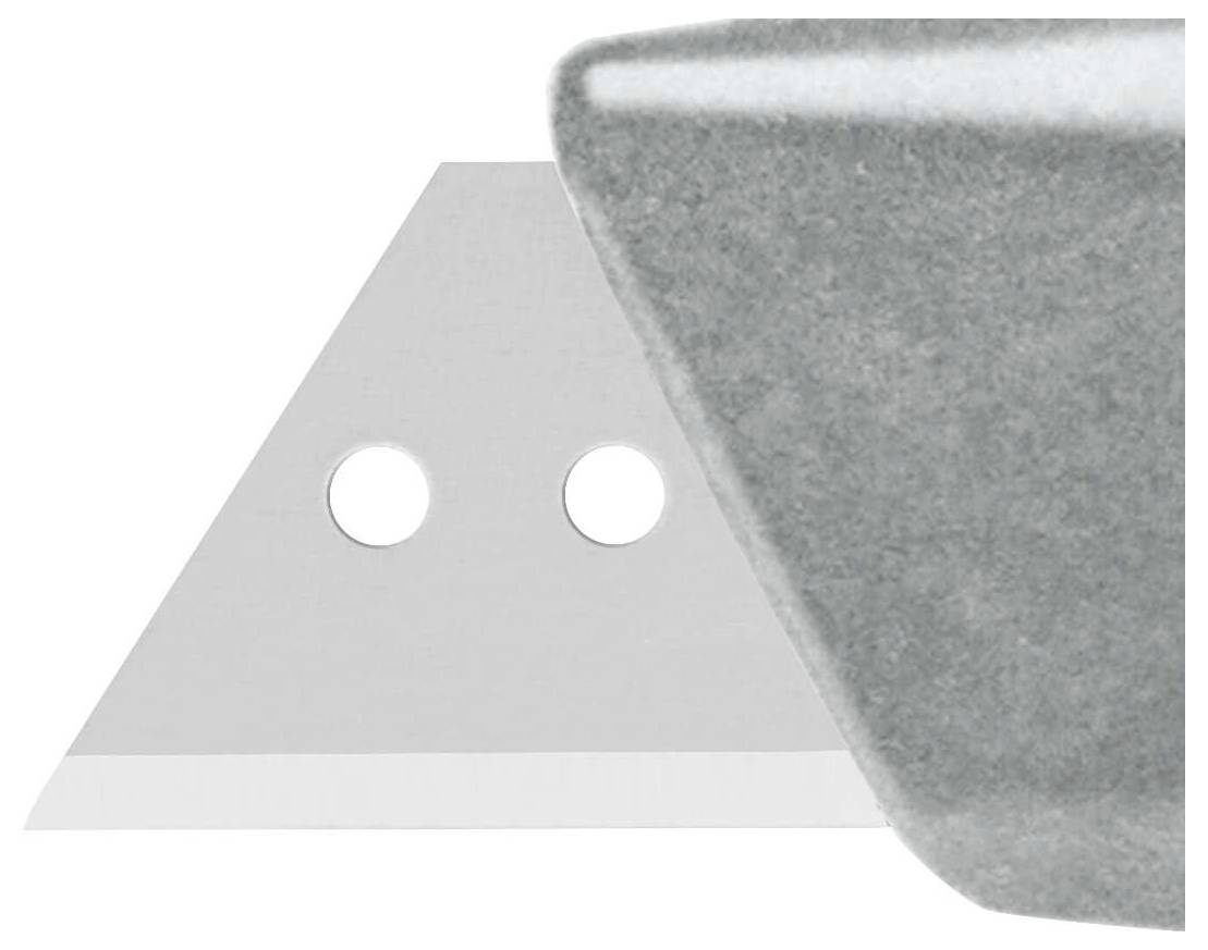 Trójkątne ostrze z dwoma otworami i ostrą krawędzią, częściowo zasłonięte przez szary róg znajdujący się na pierwszym planie.