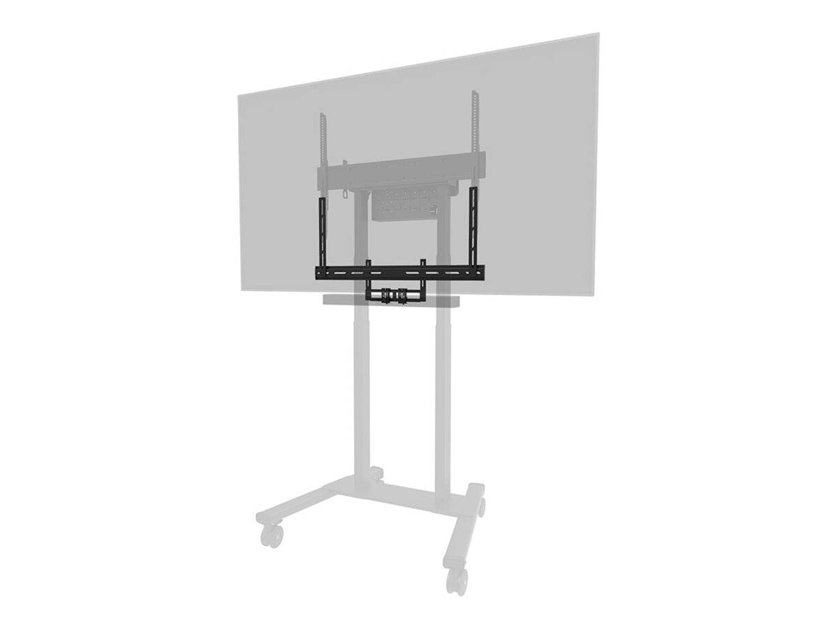 Stojak telewizyjny na kółkach z regulowanym mocowaniem TV, odpowiedni do elastycznego użycia w biurach lub salach konferencyjnych.
