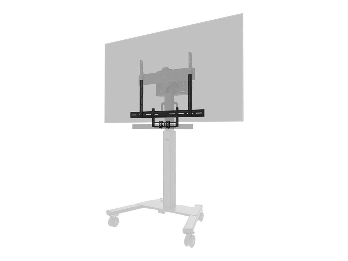 Mobilny stojak telewizyjny z uchwytem. Odpowiedni dla dużych ekranów. Wyposażony w kółka zapewniające łatwą przenośność.