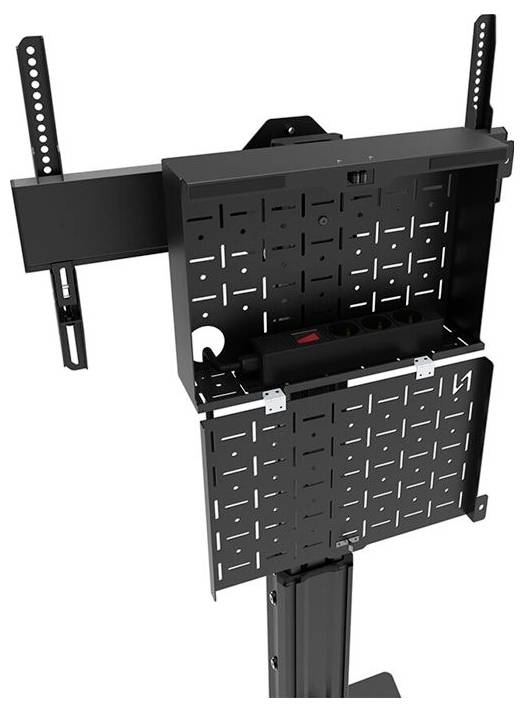 Uchwyt do telewizora z zintegrowanym zarządzaniem przewodów i listwą zasilającą. Stabilna, czarna metalowa rama do montażu naściennego lub sufitowego.