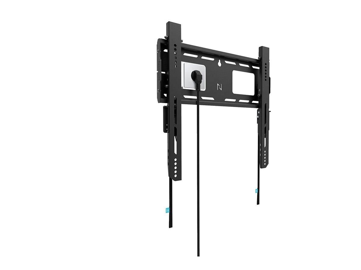 Uchwyt ścienny do telewizora, czarny, w kształcie prostokąta, z opcjami zarządzania kablami, przeznaczony do stabilnego mocowania ekranów płaskich.