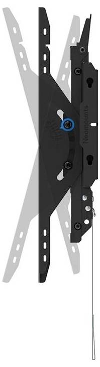 Czarny, pionowy uchwyt ścienny do telewizora z metalu, prezentujący mocowanie w kształcie litery X, przeznaczony do stabilnego zamocowania.