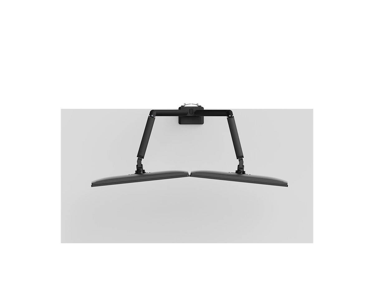 Uchwyt ścienny trzyma dwa monitory, które są nachylone względem siebie pod kątem.