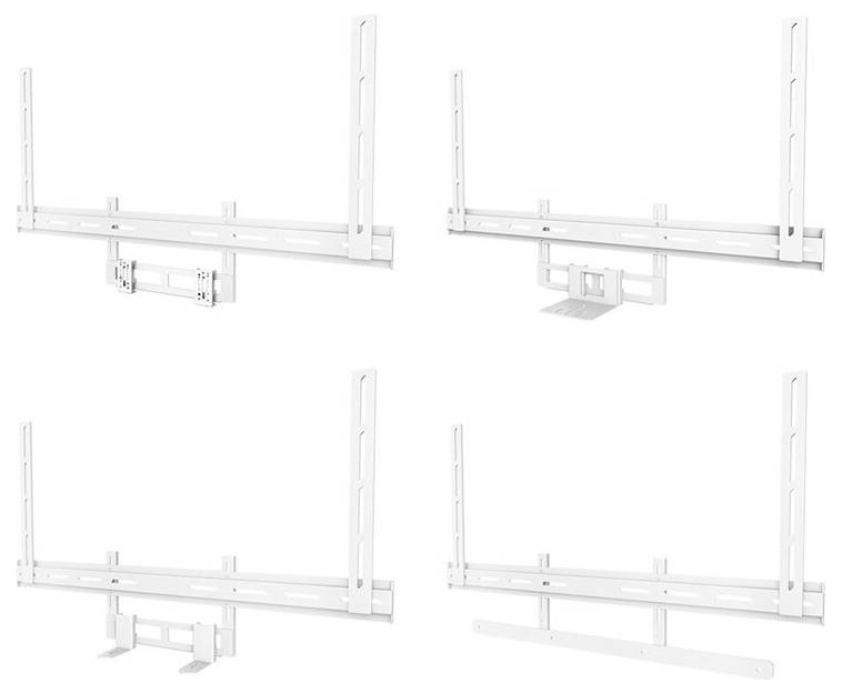 Cztery białe uchwyty ścienne do telewizora w różnych wersjach. Każdy uchwyt posiada pionowe i poziome elementy nośne.