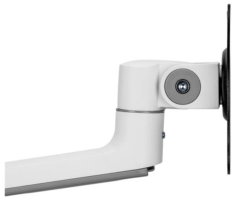 Regulowany metalowy uchwyt na monitor, zamocowany bocznie do uchwytu ściennego, idealny do ergonomicznego ustawienia ekranu.