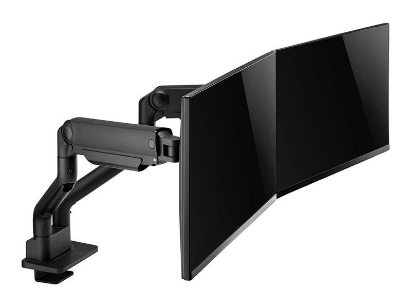 Dwa czarne monitory komputerowe na podwójnym regulowanym ramieniu. Idealne do ergonomicznych zastosowań biurowych i maksymalnego wykorzystania przestrzeni.