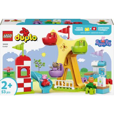 Zestaw LEGO Duplo z motywem wesołego miasteczka Peppy Pig. Zawiera zjeżdżalnię, karuzelę i figurki dla dzieci od 2 lat. Wspomaga rozwój myślenia logicznego.