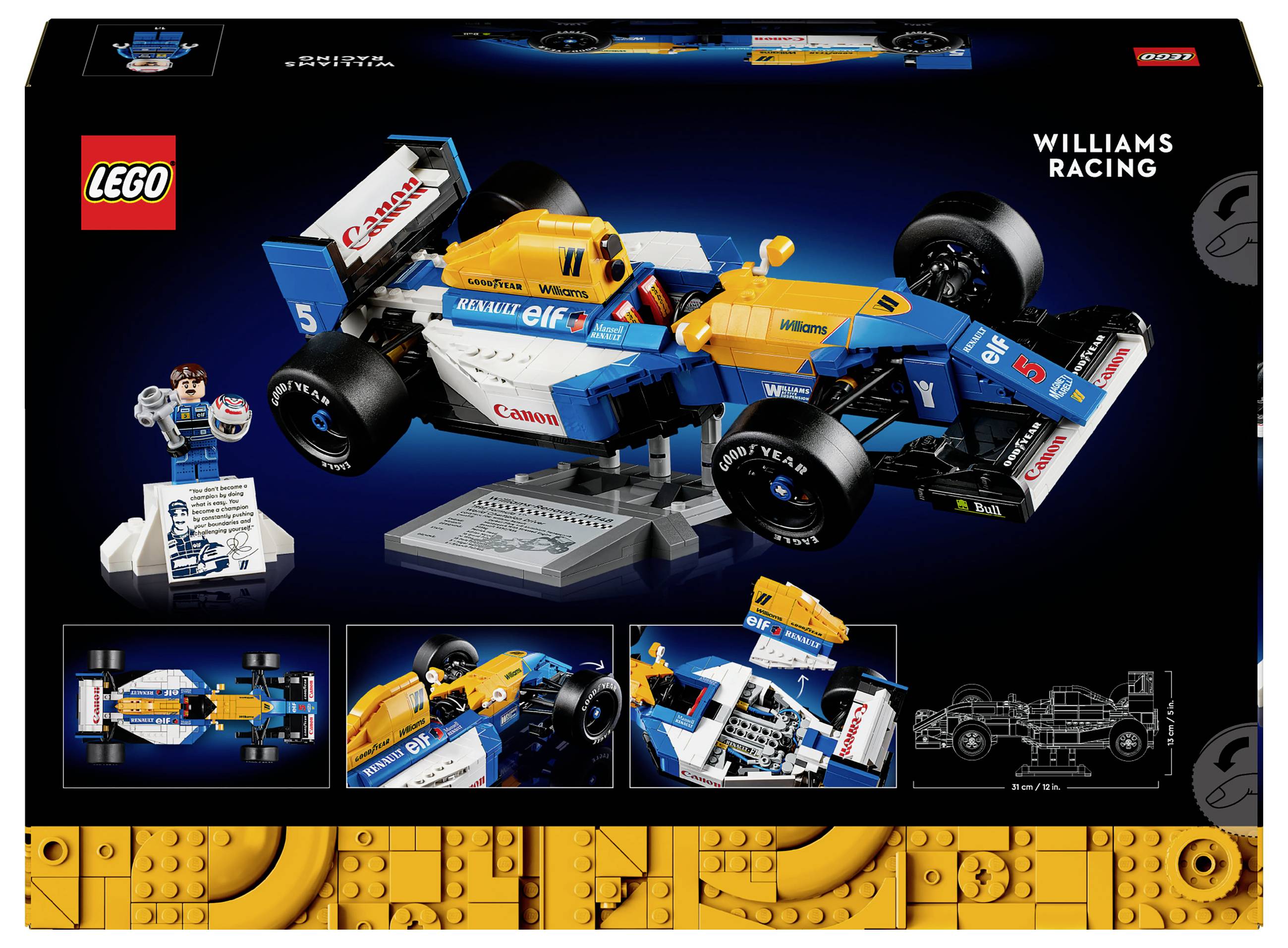 Opakowanie zestawu LEGO samochodu wyścigowego Williams Racing. Na zdjęciu przedstawiono model wraz z minifigurką kierowcy oraz szczegółami dotyczącymi funkcji i budowy.