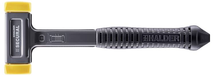 Bezpieczny młotek warsztatowy z czarnym uchwytem i żółtymi końcówkami, odpowiedni do delikatnych powierzchni.