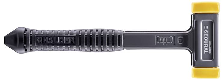Młotek ze stalową rękojeścią i żółtymi gumowymi nakładkami na obu końcach główki młotka. Na rękojeści widnieje napis 'HALDER SECURAL'.