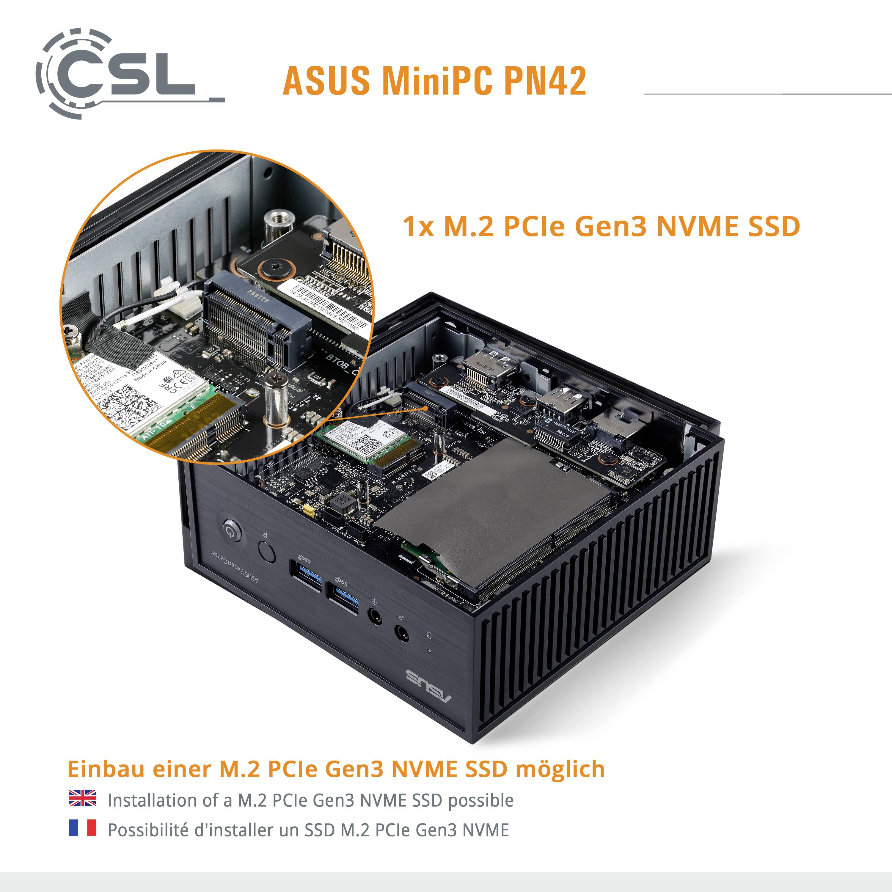 Miniaturowy komputer ASUS MiniPC PN42 z zainstalowanym dyskiem SSD M.2 PCIe Gen3 NVME, przedstawiający zbliżenie wnętrza z podświetloną bądź wyróżnioną wkładką SSD.