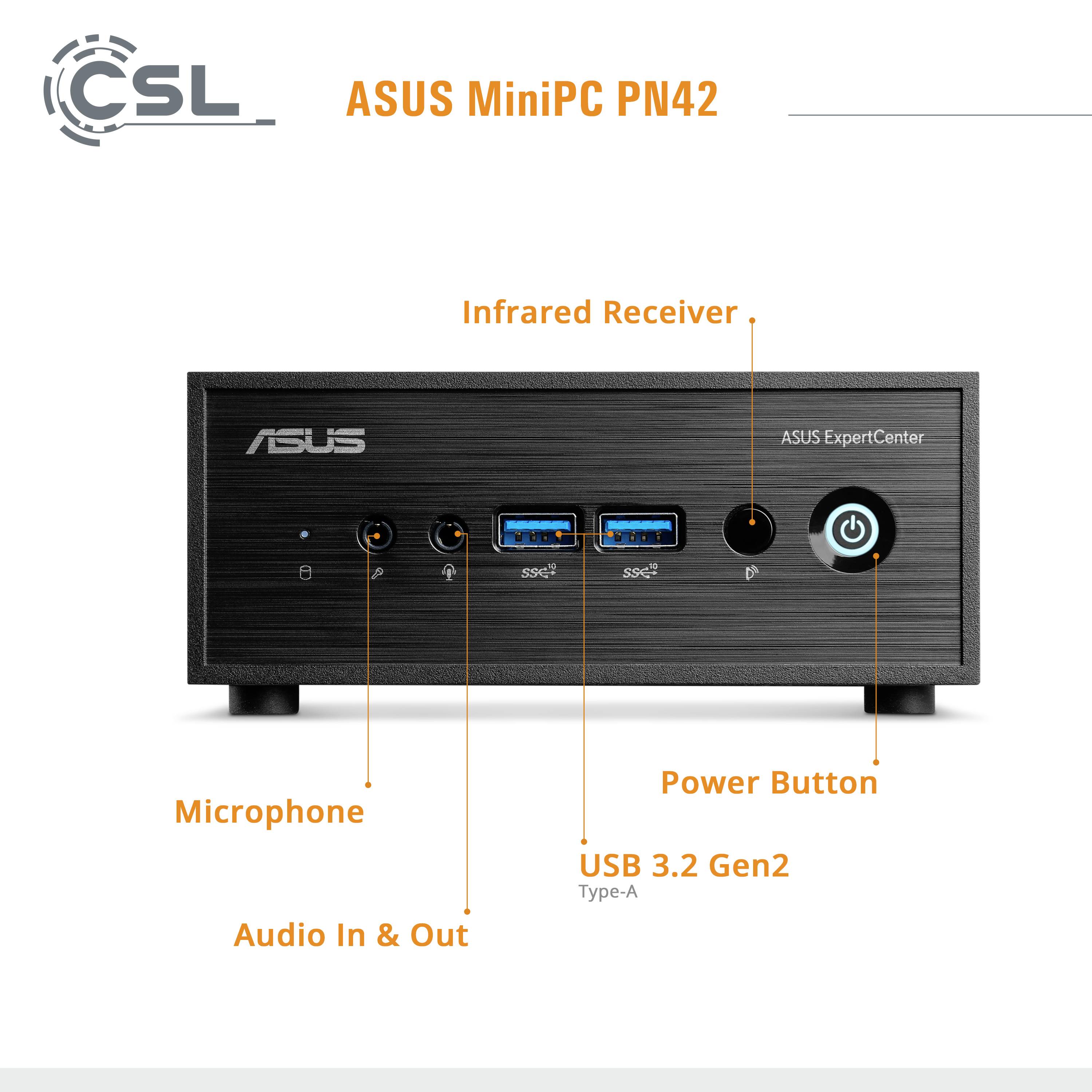Przednia strona minikomputera ASUS PN42 z portami USB, odbiornikiem podczerwieni, mikrofonem, gniazdami audio i włącznikiem sieciowym.