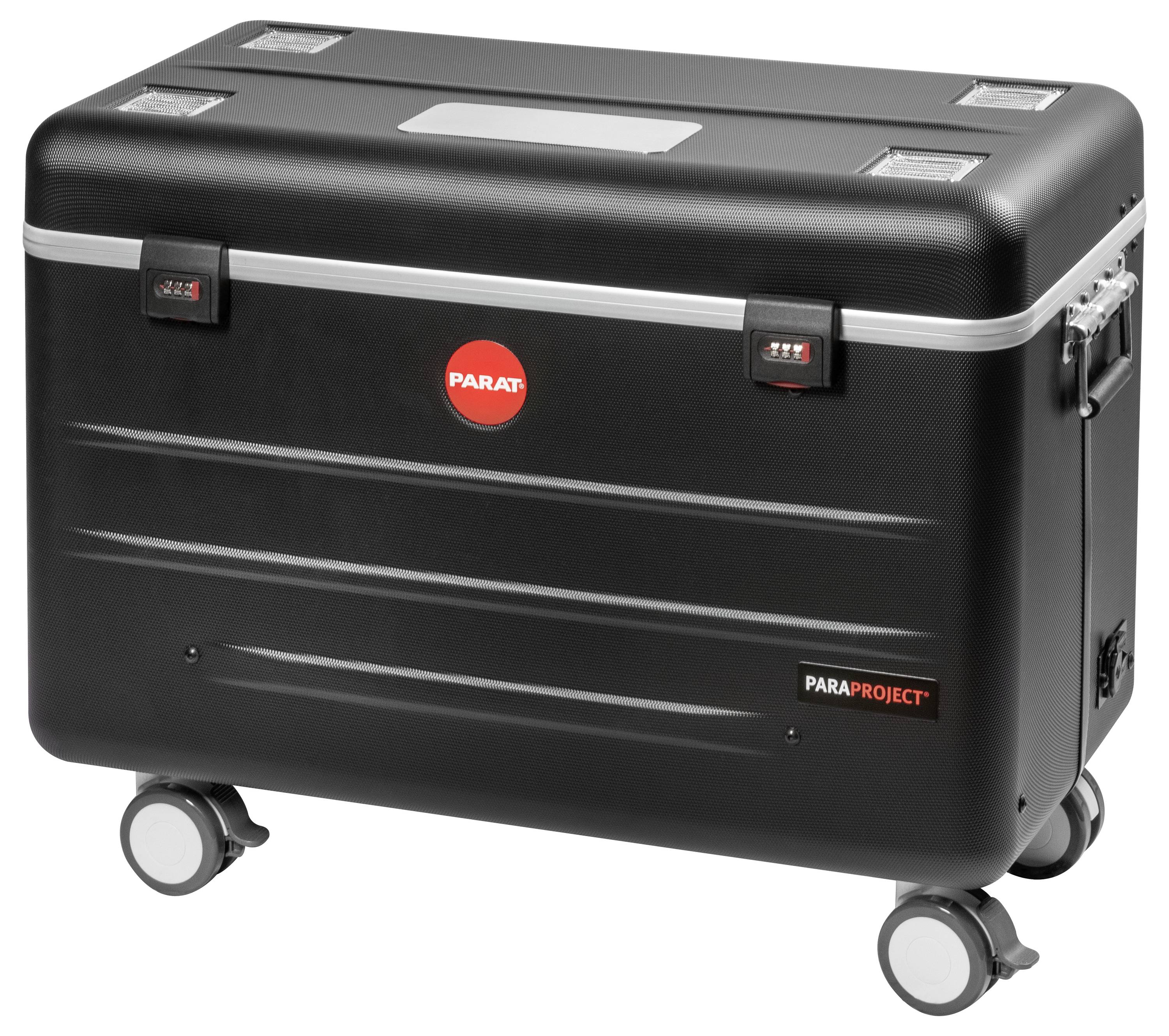 Czarny mobilny kufer z kółkami i uchwytami, odpowiedni do bezpiecznego transportu urządzeń. Oznaczenie 'PARAT'.