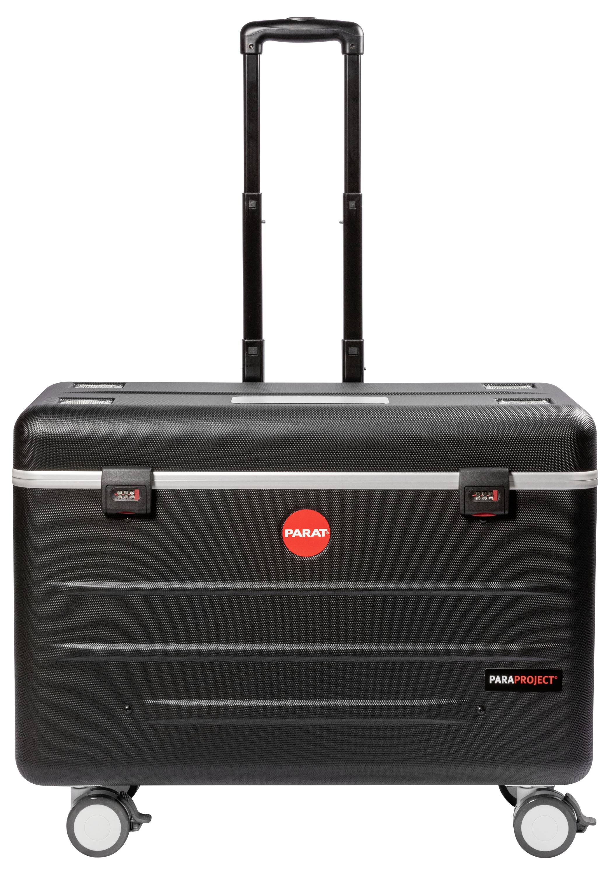 Przedstawiony czarny walizka na kółkach posiada wytrzymałą obudowę z dwoma zamkami szyfrowanymi oraz wysuwaną rączką, idealną do bezpiecznego transportu.