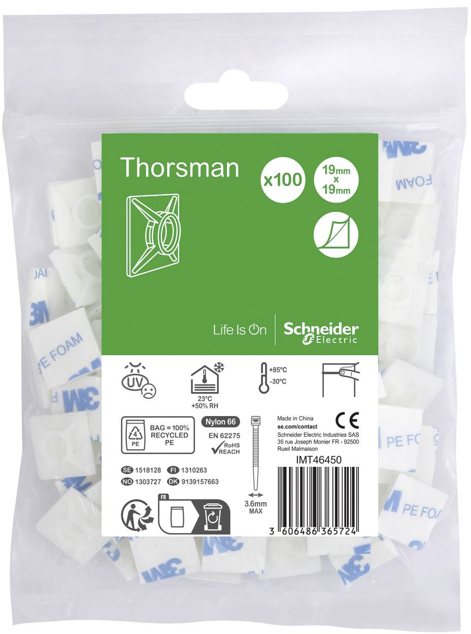 Самоклеюча основа для кабельних стяжок максимальною шириною 3,6 мм. Упаковка: 100 прозорих штук. Schneider Electric IMT46450. Вміс