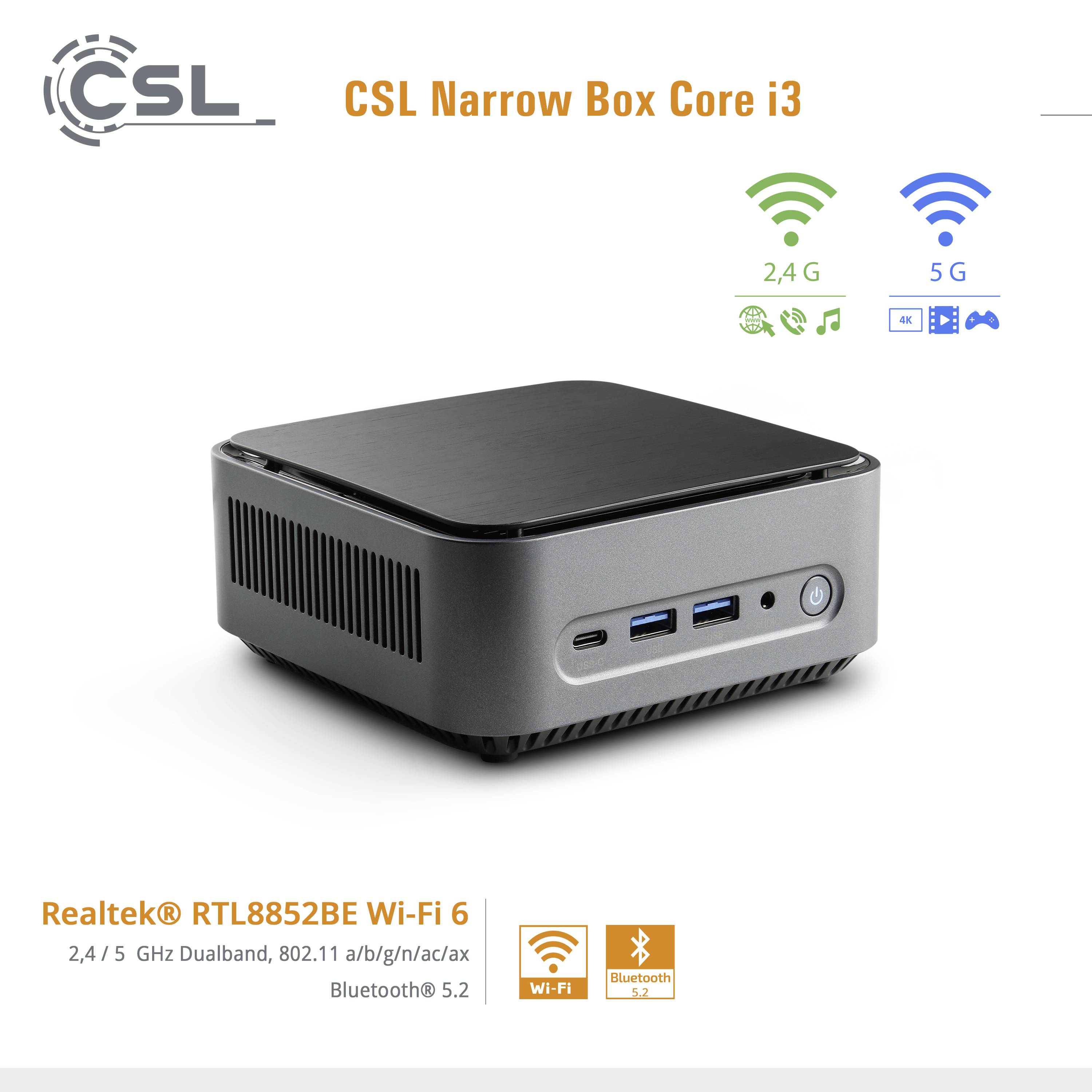 Kompaktowy czarny mini-komputer o nazwie 'CSL Narrow Box Core i3', z obsługą Wi-Fi 6 oraz funkcjami Bluetooth 5.2.