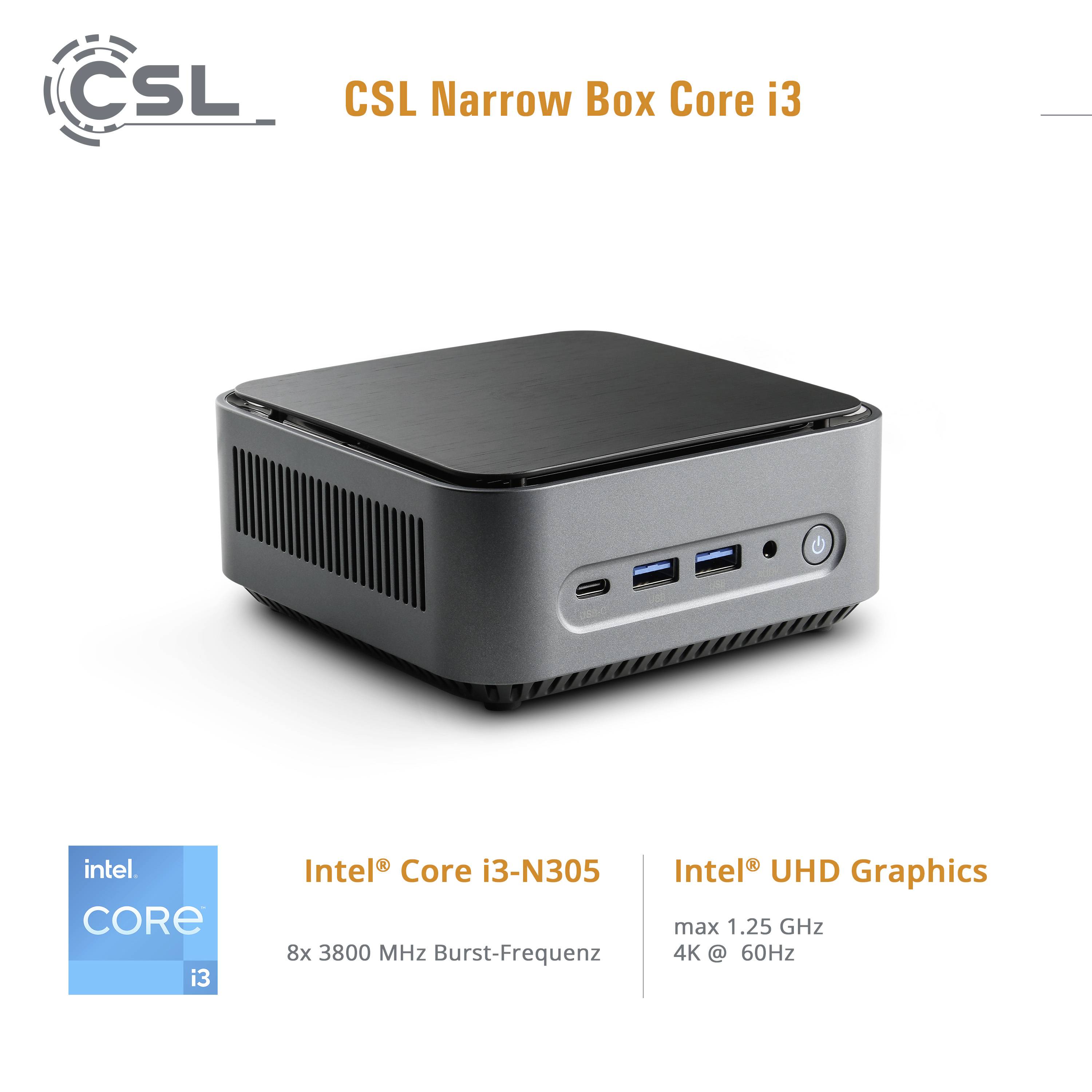 Mini komputer 'CSL Narrow Box Core i3' z procesorem Intel Core i3-N305, grafiką Intel UHD, 8x 3800 MHz, maksymalnie 1,25 GHz, 4K @ 60Hz.