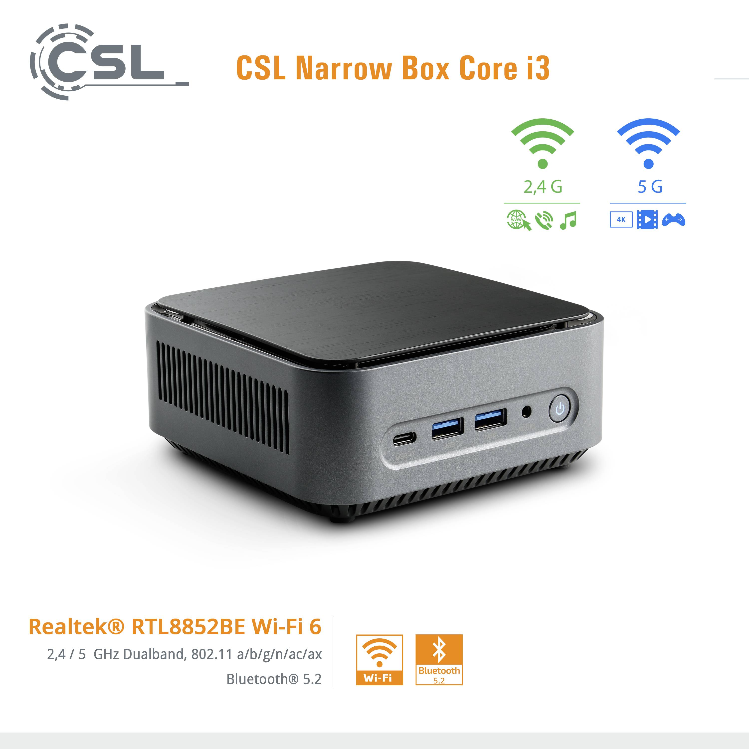 Kompaktowy, czarny komputer z portami z przodu. Na górze napis 'CSL Narrow Box Core i3'. Na dole informacje o możliwościach Wi-Fi i Bluetooth.
