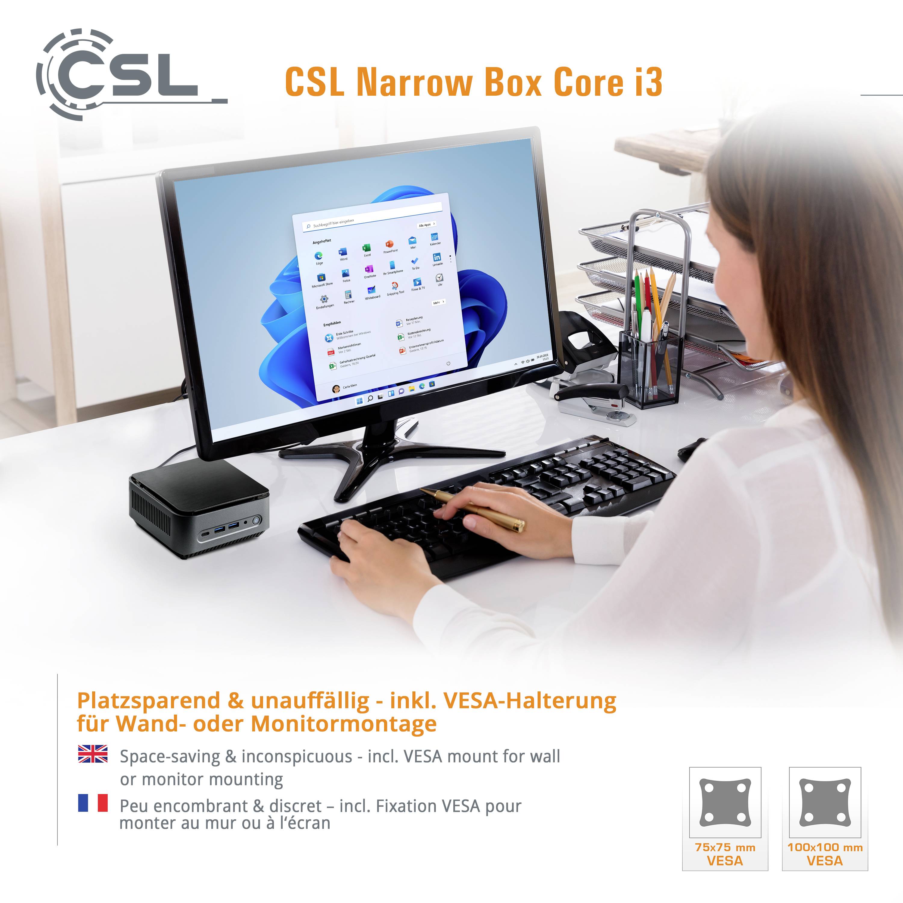Osoba pracuje przy komputerze z pulpitem wyświetlanym na monitorze. Obok stoi mały komputer. Na górze widnieje napis: CSL Narrow Box Core i3.