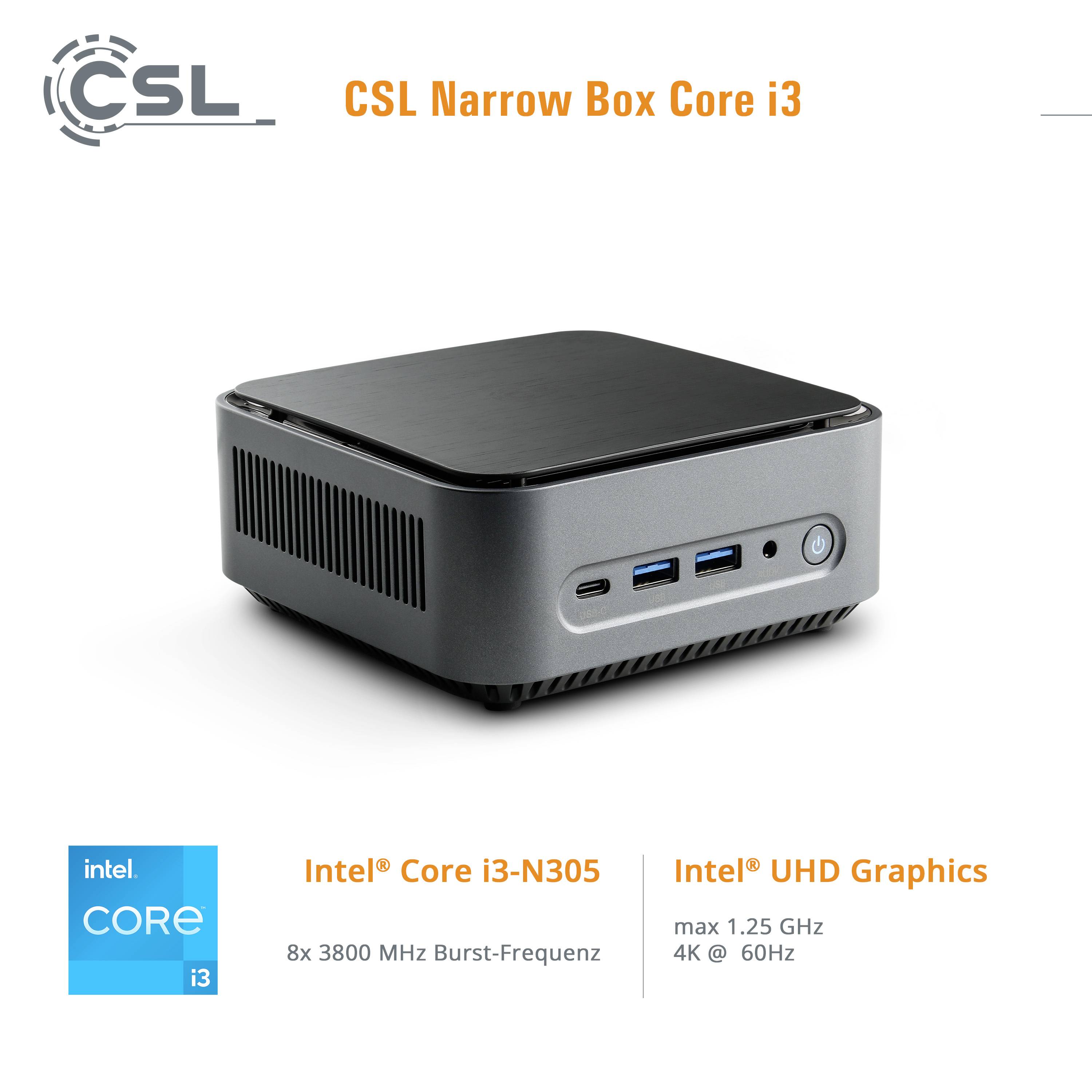 Kompaktowy srebrny mini komputer 'CSL Narrow Box Core i3' z procesorem Intel Core i3-N305, złączami HDMI i USB. Zaprojektowany do zastosowań w rozdzielczości 4K @ 60Hz.